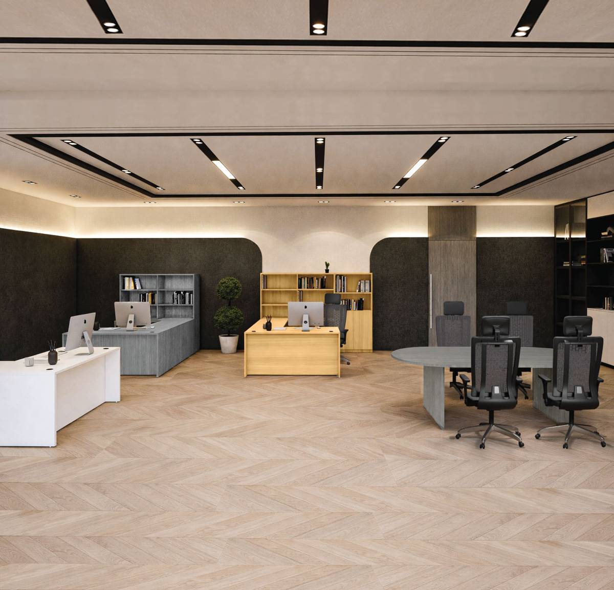 Panel desking with storage in a private office